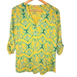 Fresh Produce Womens Cotton Ikat Print V Neck Button Roll Tab Sleeve Top Medium